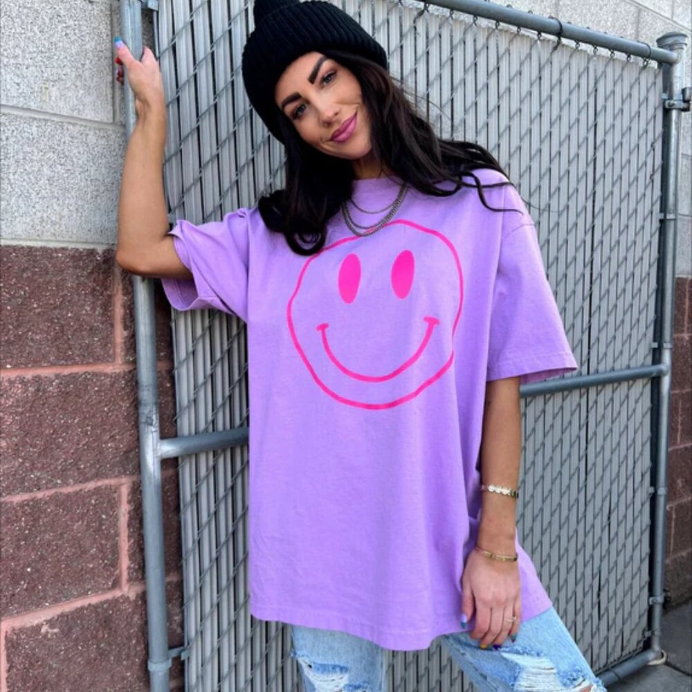 Dressed in LALA : Smiley Face Oversized Tee in Lavender + Pink
